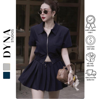 Set áo kéo khoá cổ đức chun eo tay ngắn 𝐀𝐒𝐇𝐘𝐋𝐄𝐘 kèm chân váy xếp ly dây rút cạp
