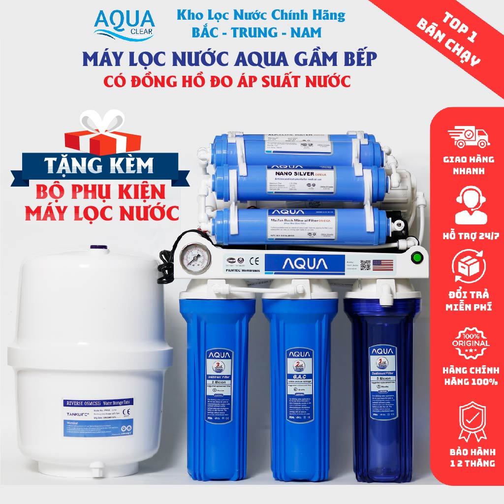 Máy lọc nước RO không vỏ tủ AQUA Chính Hãng 4-11 cấp lọc ,có đồng hồ đo Áp, Công suất 15L/H, Có UV ,Bảo hành 12 tháng