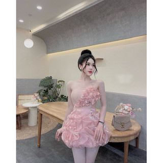 Váy Taffa Cúp Ngực Đính Kết Hoa Nhún Bèo Che Bụng Sẵn Đệm Ngực Dolldiva