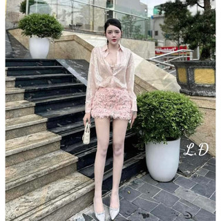 Sét Áo Sơ Mi Kim Sa Chân Váy Lông