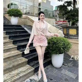 Sét Áo Sơ Mi Kim Sa Chân Váy Lông