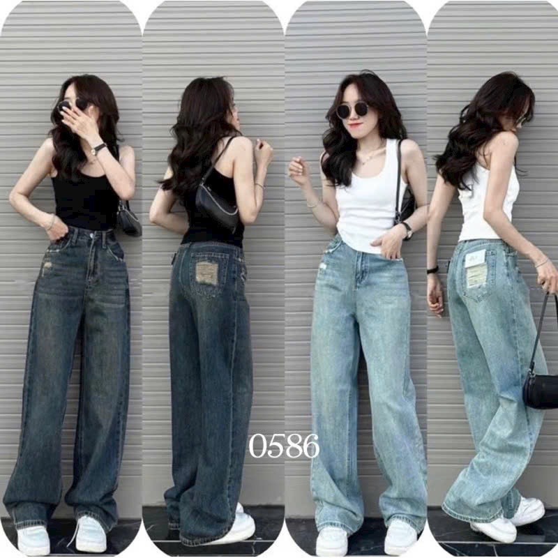 Quần jean ống rộng túi sau rách cá tính- Quần jean nữ cạp cao hai màu chuẩn ảnh phong cách Ulzzang