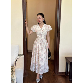 Váy Hoa Tay Bồng, Cổ Tim,Tùng Xếp Ly Chất Thô Hai Lớp Miolady