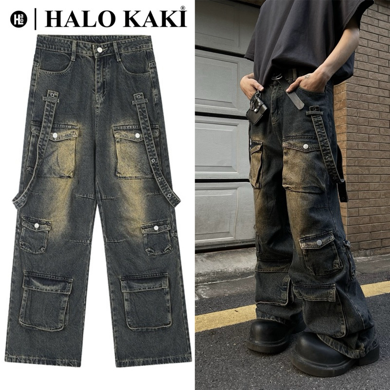 QUẦN JEANS BAGGY ỐNG RỘNG TÚI HỘP [VẢI CAO CẤP] STRAP BOX (8 Túi hộp phối đai ) HÀNG JEANS LOẠI 1 HALO KAKI | BigBuy360 - bigbuy360.vn