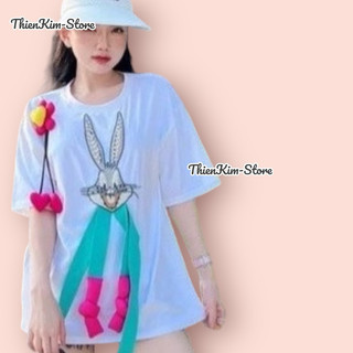 Áo Thun Nữ Kiểu Cao Cấp Cổ Tròn Fom Rộng Giấu Quần Gắn Hình Nổi 3 Màu Tuyệt Đẹp