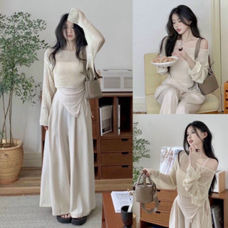 Bigsize Set bộ 3 món Áo ren tay dài trễ vai, áo yếm vạc nhọn, quần dài ống rộng thoải mái style hàn Hot 55-95kg
