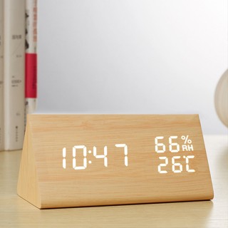 Đồng hồ báo thức LED hình tam giác hiển thị nhiệt độ, độ ẩm, ngày tháng, Dercor trang trí phòng dạng vân gỗ
