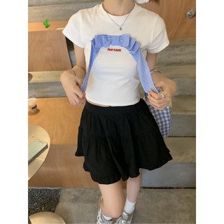 Áo kiểu croptop tay ngắn may dây nơ màu caro trước ngực cực xinh