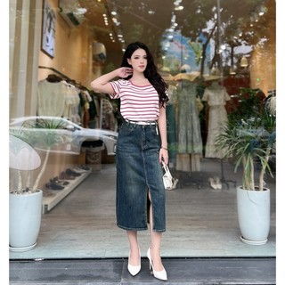Chân váy denim mài dáng dài xẻ trước Her25