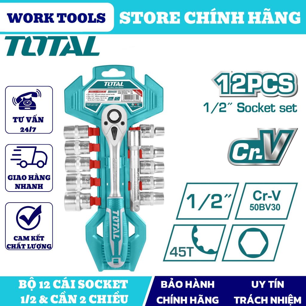 ĐỒ NGHỀ TOTAL Bộ 12 cái socket (1/2 inch) & cần 2 chiều THT141121 < HÀNG CHÍNH HÃNG >