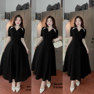 ĐẦM ĐEN CỔ TRẮNG NHỌN NÚT BỌC TÙNG XOÈ DÀI (NN)