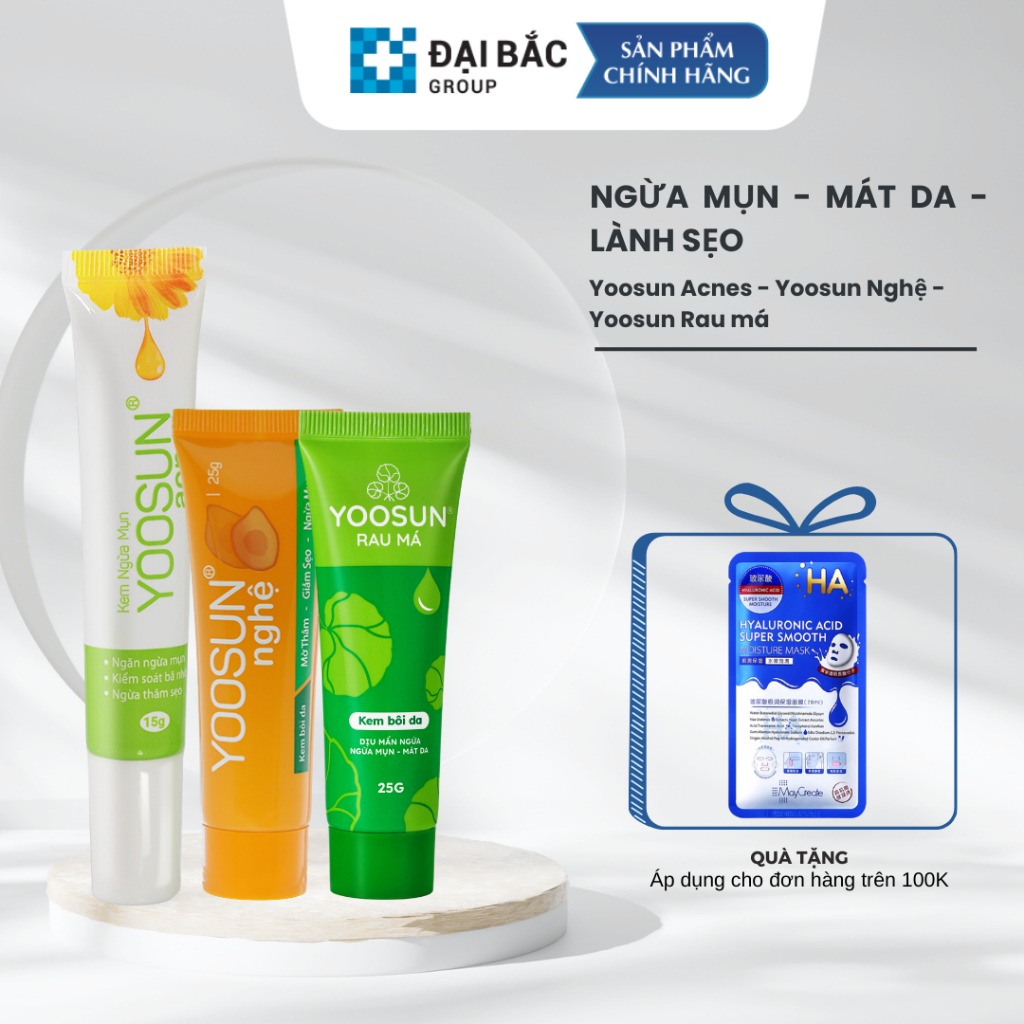 Bộ 3 sản phẩm kem ngừa mụn, mát da, lành sẹo YOOSUN Acnes 15gr/ Tuýp, Rau má 25gr/ Tuýp, Nghệ 25gr/tuýp