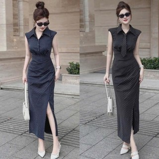 Đầm nữ body vạt chéo cổ sơ mi kèm cà vạt họa tiết  sọc xẻ tà sang chảnh, tôn dáng