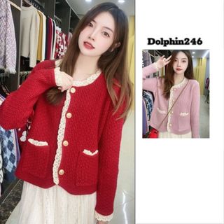  Áo khoác len nữ áo cardigan đỏ noel tết giáng sinh cổ tròn áo len dài tay phối viền phối bèo M201 E2-6 