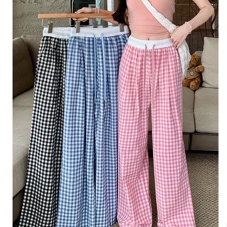 Quần ống rộng kẻ caro phối cạp trắng có dây rút siêu hot