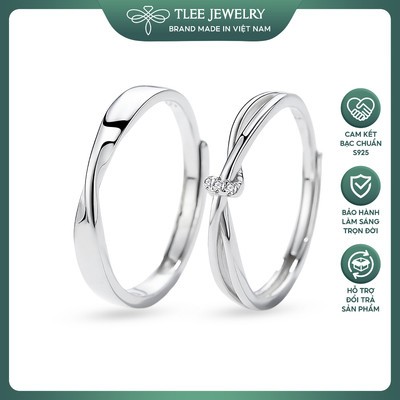 Nhẫn đôi bạc TLEE đeo nam nữ xoắn thắt đính đá TLEEJEWELRY ND0301