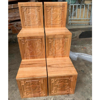 Bục tam cấp gỗ xoan đặt bàn thờ thần tài thổ địa chạm khắc hoa sen mặt 16cm-18cm-20cm