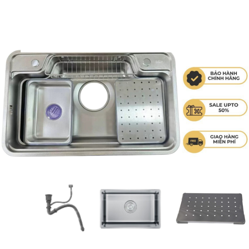Chậu Rửa Bát 1 Hố Hato SUS Inox304 Bán Nguyệt Kiểu Dáng Nhật Bản, Bồn Rửa Chén 1 Ngăn Lớn Bảo Hành 5