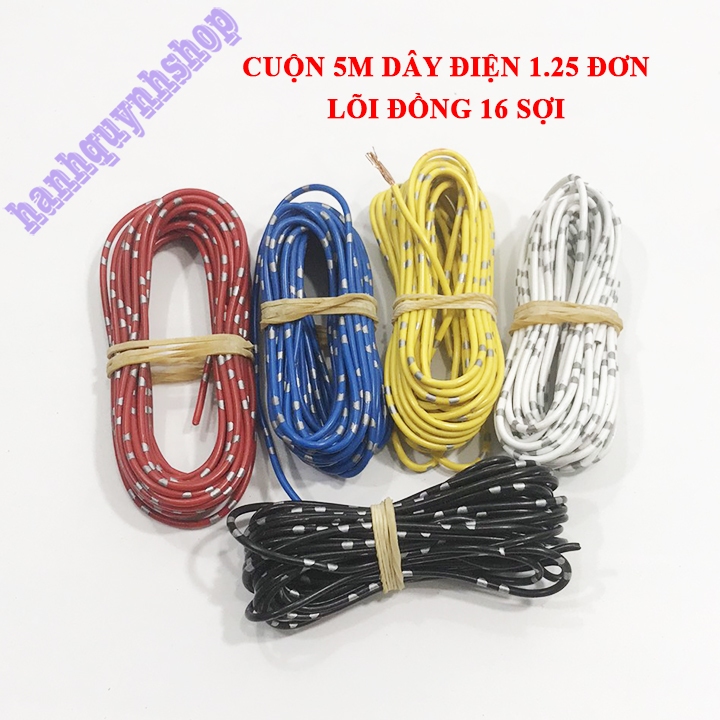 Cuộn 5m dây điện nhật 1.25 đơn lõi đồng 16 sợi 5 màu, dây điện đơn