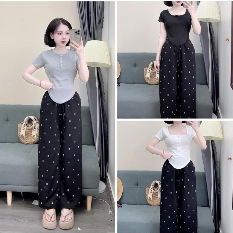 Sét bộ nữ áo croptop may dáng vạt bầu mix quần suông Chan ne