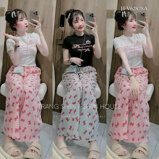 Sét bộ nữ áo croptop mix quần suông in nơ