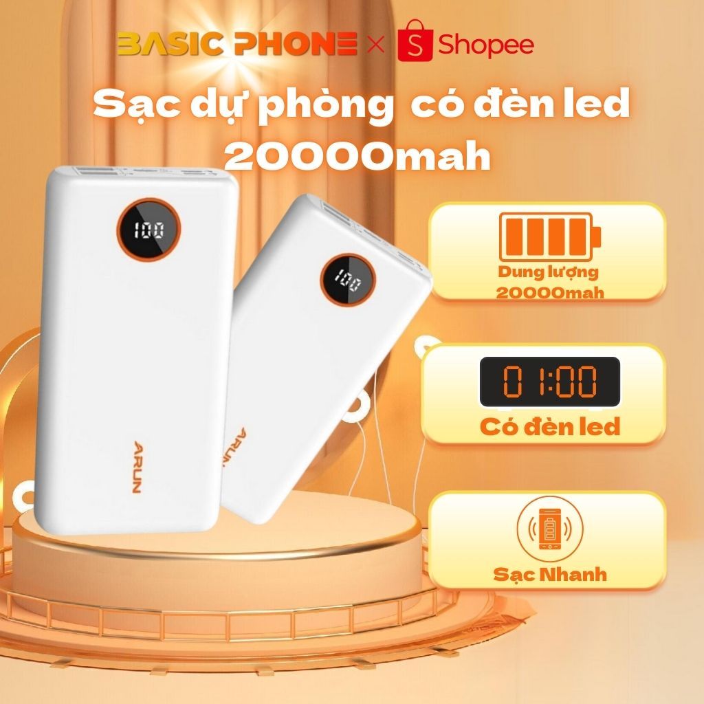 (Chất lượng) Sạc dự phòng Arun 20000mah, sạc siêu nhanh siêu bền ổn đinh đẹp ,sạc nhiều thiết bị - b