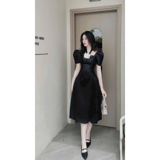 Đầm thời trang nữ chất tapta có mút tay ngắn cổ vuông kèm đai đính nơ cổ mẫu mã xinh đẹp thiết kế nữ tính