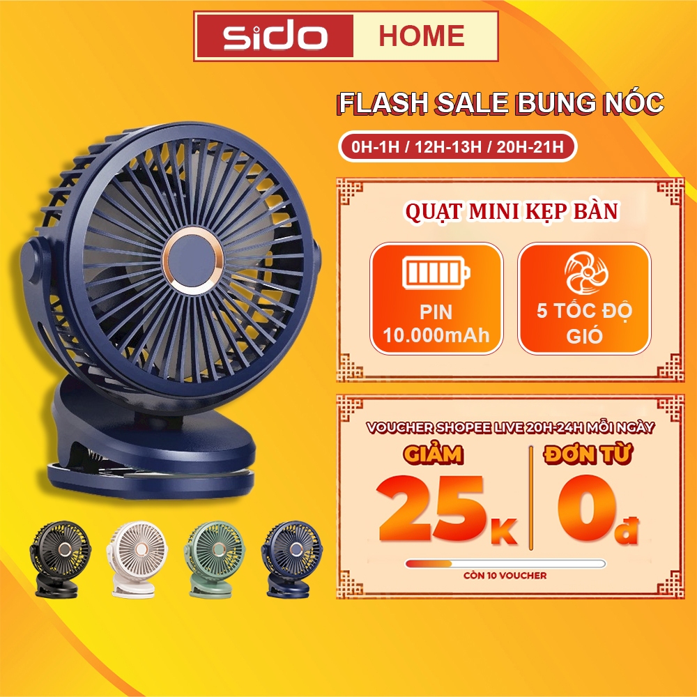 Quạt mini để bàn Sidohome SH14 sạc pin tích điện máy quạt treo tường kẹp bàn 5 chế độ gió xoay linh hoạt có pin 10000mAh