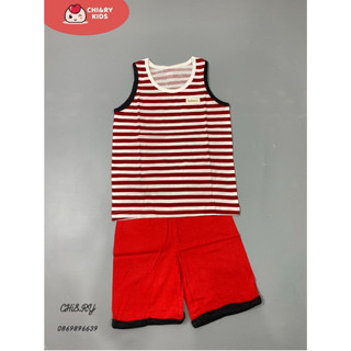 Bộ ba lỗ kẻ ngang đỏ cho bé trai Bộ ba lỗ xuất dư Hàn cho bé trai chất cotton giấy siêu mát