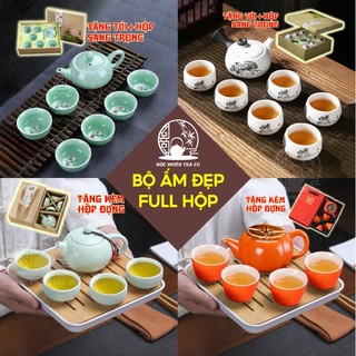 Bộ ấm trà hộp đẹp tặng biếu, bộ ấm chén trà gốm sứ phụ kiện trà đạo cao cấp