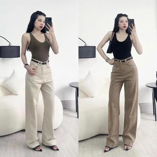 Quần Jean Nữ Ống Suông Màu trắng be nâu May viền Túi Cuốn Mã43