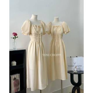 Đầm midi cổ vuông tay phồng bo chun lưng-Toni choppi