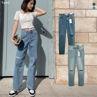 Quần jeans nữ ống suông TOPTIFY cullotes rách gối cá tính QJ32
