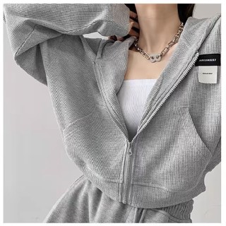 Áo khoác hoodie croptop - Chất Tổ Ong A009 - dáng rộng có Logo trước ngực -- Áo khoác thu đông nữ hoodie zip
