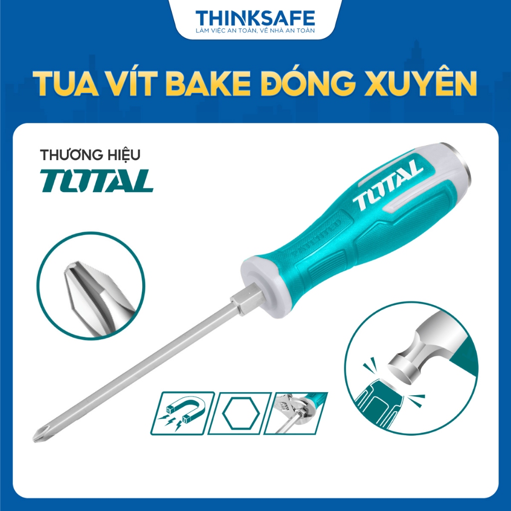 Tua vít bake đóng PH2, PH3 Total dài 150 - 200mm, chuôi tròn, chất liệu thép S2 đuôi lục giác Tô vít - Thinksafe