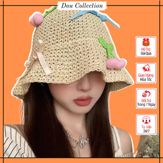  Nón cói nữ vành rộng Mũ đi biển form mềm dễ gấp gọn họa tiết đính cherry kèm nơ thời trang mùa hè tone be - Mã NC074 