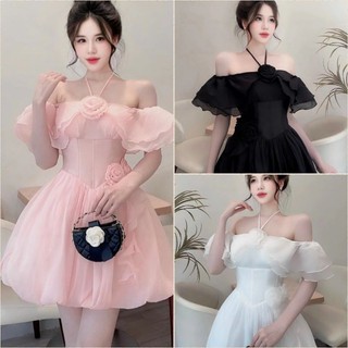 [HÀNG ĐẸP] Đầm Trễ Vai Phối Tơ Bèo Cổ Yếm Hoa Ngực