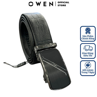 Thắt lưng da bò nam OWEN BELT232623 dây nịt bụng cao cấp màu đen sần mặt khóa trượt tự động không phồng rộp bong tróc