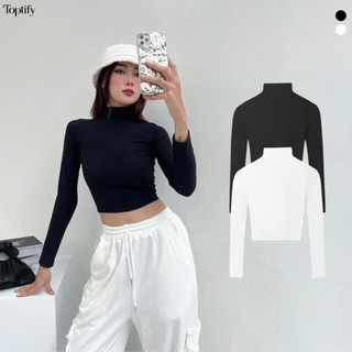 Áo croptop nữ tay dài cổ lọ trơn ôm body TOPTIFY form basic Wine Dates Top AC27