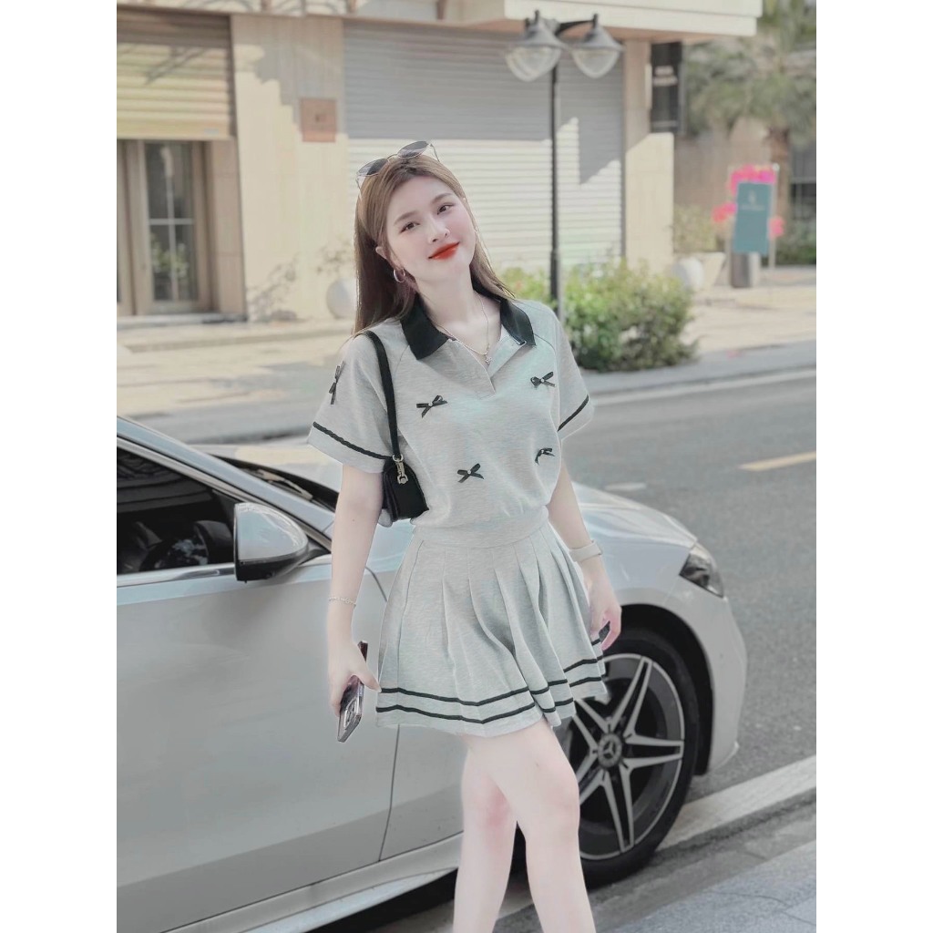 Thời Trang Bigsize - Set Áo Cổ Bẻ Nơ Nổi Mix Chân Váy Xếp Ly Có Lót Trong Vải Thun Tăm Hot Hit Nữ Cao Cấp Xinh 40-95kg | BigBuy360 - bigbuy360.vn