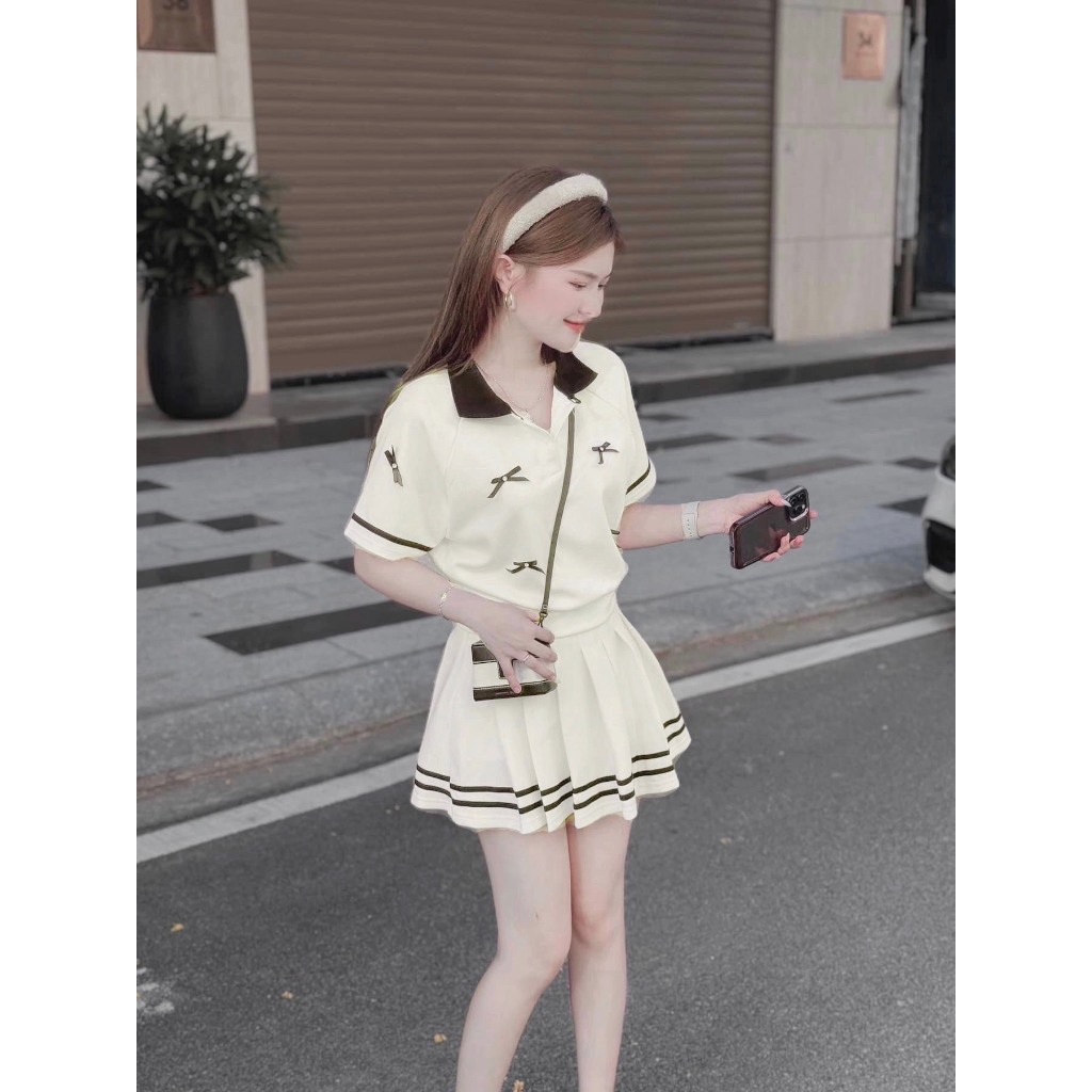 Thời Trang Bigsize - Set Áo Cổ Bẻ Nơ Nổi Mix Chân Váy Xếp Ly Có Lót Trong Vải Thun Tăm Hot Hit Nữ Cao Cấp Xinh 40-95kg | BigBuy360 - bigbuy360.vn