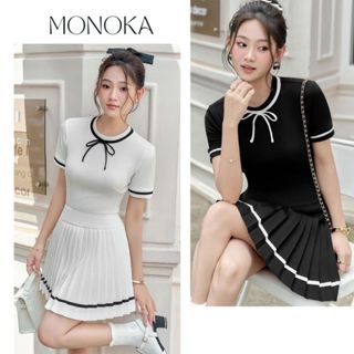 Set đồ nữ áo thun  không cổ cộc tay ôm body có dây nơ + chân váy đầm xếp ly xòe viền có quần trong bảo hộ T109G MONOKA