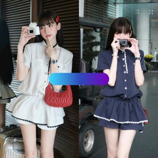 Set bộ đồ nữ thời trang mặc đi chơi áo chạy viền ren cài nút có túi phía trước kèm quần short chất vải kaki sọc,