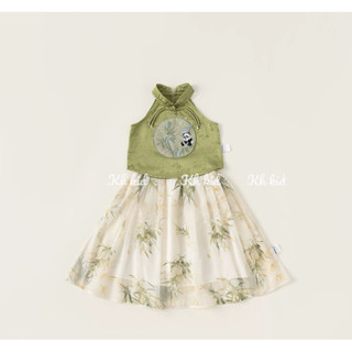 Váy bé gái, set váy trung thu áo cổ yếm lụa thêu gái trúc kèm chân váy voan tơ xịn sò cho bé 12-35kg
