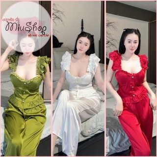 Đồ ngủ nữ hai dây viền ren nút quần dài lụa satin