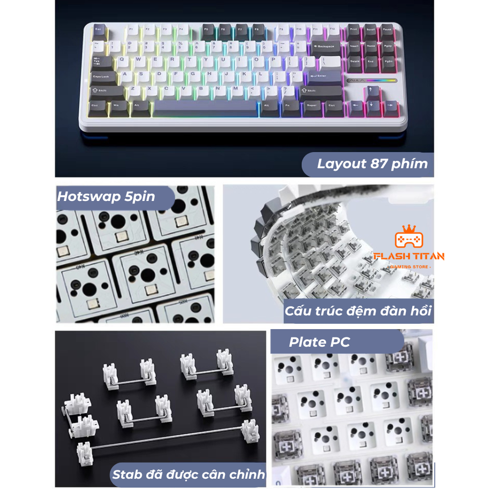Bàn phím cơ không dây AULA F87 - Kết nối 3 mode - Có hỗ trợ hotswap - LED RGB tuỳ chỉnh | BigBuy360 - bigbuy360.vn