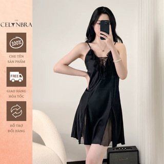 Váy ngủ 2 dây sexy lụa phối ren có mút ngực họa tiết bèo nhún the celynbra - v161