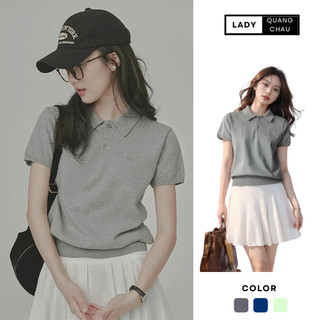 Áo len cộc tay cổ polo phối cúc basic trơn dáng lửng form ôm croptop chất lông thỏ mềm DELIZ hàng loại 1