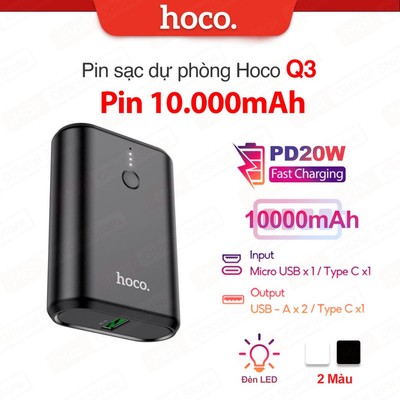 Pin sạc dự phòng đa năng PD20W 2 output ( USB + Type-C ) Hoco Q3 Mini Size , có đèn LED báo pin, dung lượng 10000mAh