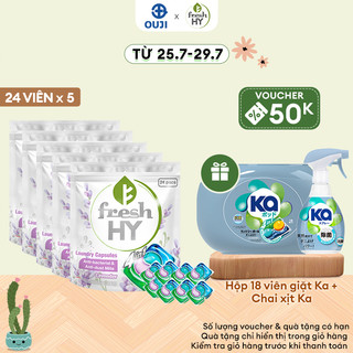 Combo 5 Túi Viên Giặt Xả Tiện Lợi 4 trong 1 Fresh Hy Hương Hoa Công Nghệ Nhật Bản (24 Viên/ Túi)